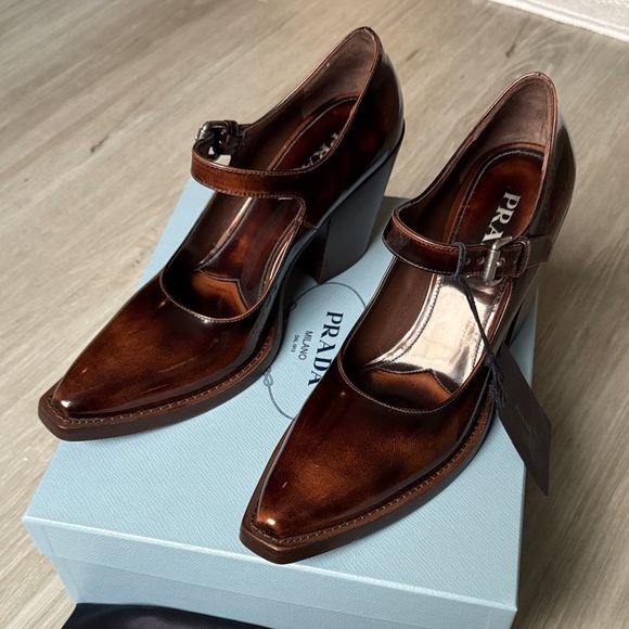 Prada Shoes - Prada Glossy Brown Mary Jane heels